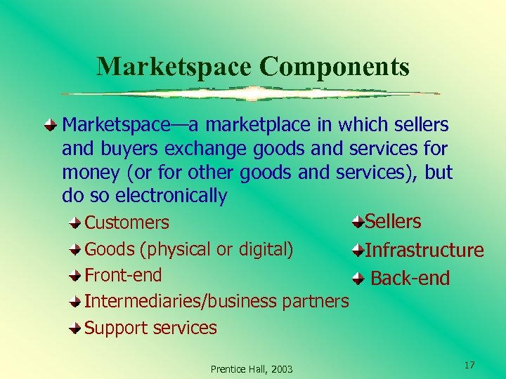 Marketspace Components Marketspace—a marketplace in which sellers and buyers exchange goods and services for