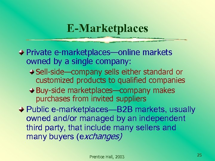 E-Marketplaces Private e-marketplaces—online markets owned by a single company: Sell-side—company sells either standard or