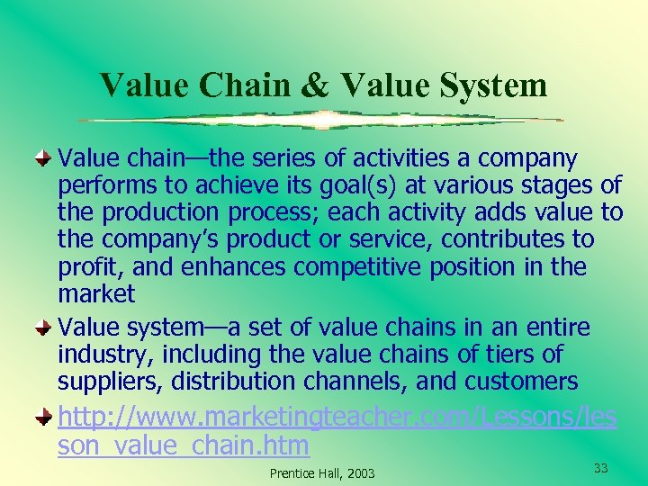 Value Chain & Value System Value chain—the series of activities a company performs to