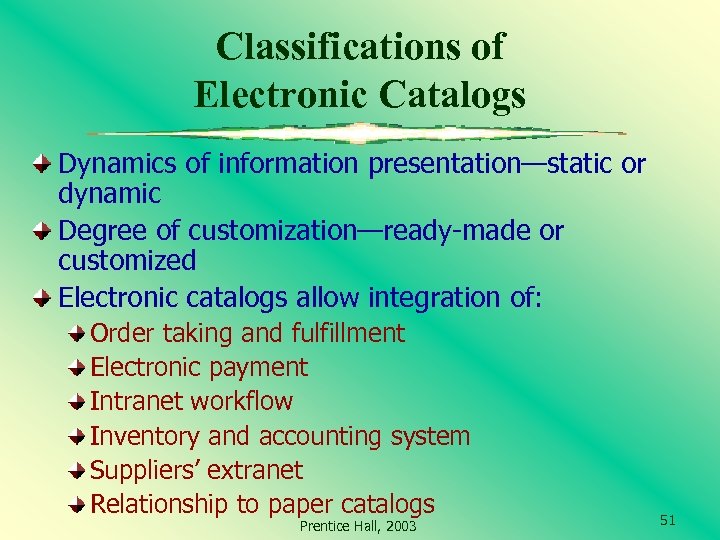 Classifications of Electronic Catalogs Dynamics of information presentation—static or dynamic Degree of customization—ready-made or
