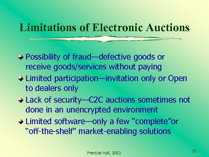 Limitations of Electronic Auctions Possibility of fraud—defective goods or receive goods/services without paying Limited