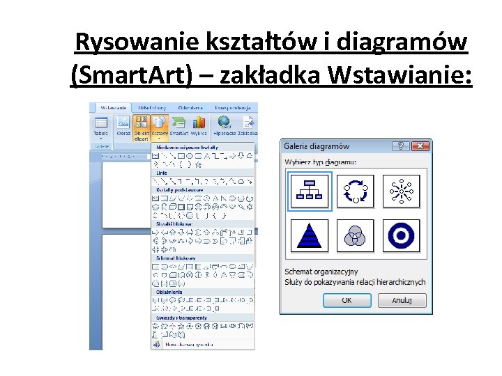 Rysowanie kształtów i diagramów (Smart. Art) – zakładka Wstawianie: 