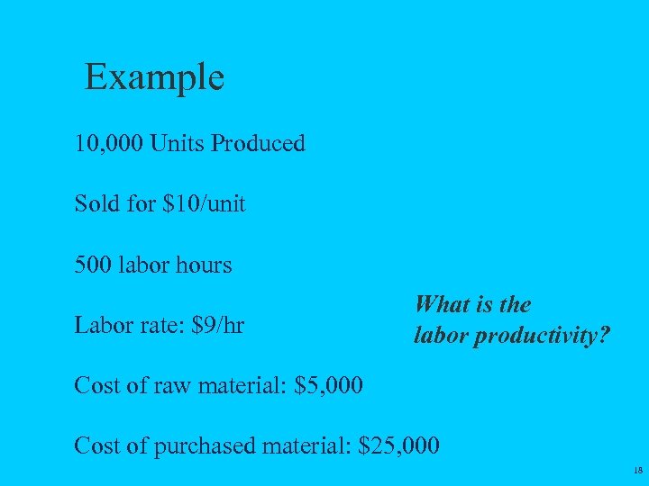 Example 10, 000 Units Produced Sold for $10/unit 500 labor hours Labor rate: $9/hr