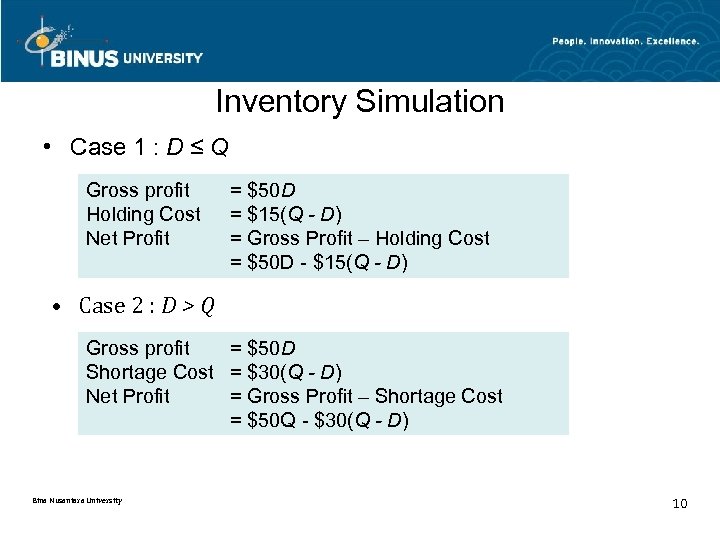 Inventory Simulation • Case 1 : D ≤ Q Gross profit Holding Cost Net