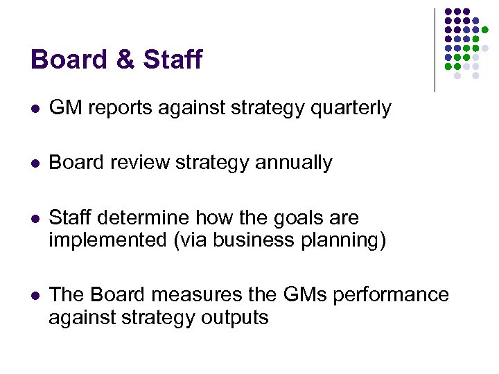 Board & Staff l GM reports against strategy quarterly l Board review strategy annually