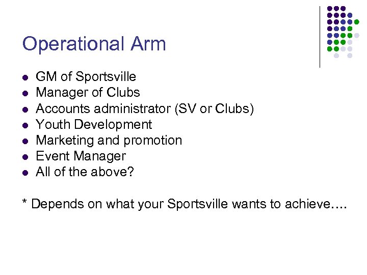 Operational Arm l l l l GM of Sportsville Manager of Clubs Accounts administrator