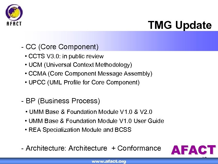 TMG Update - CC (Core Component) • CCTS V 3. 0: in public review