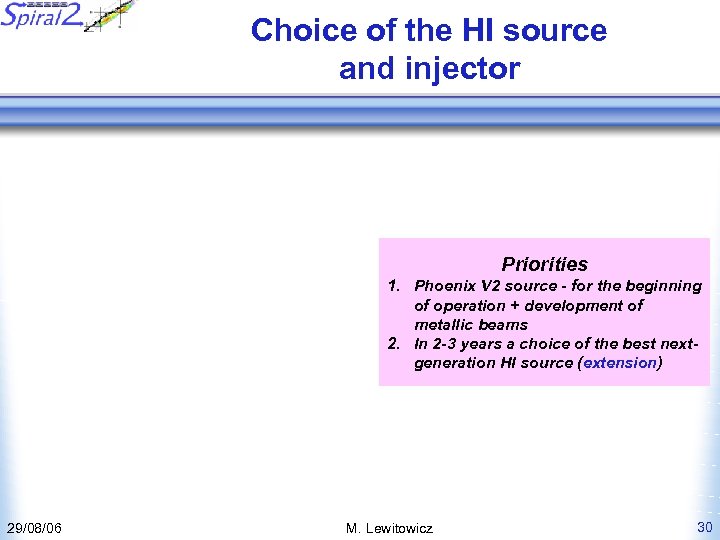 Choice of the HI source and injector Priorities 1. Phoenix V 2 source -