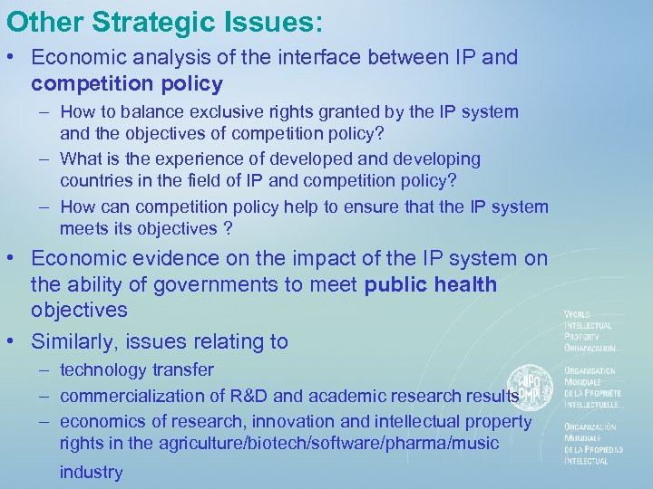 Other Strategic Issues: • Economic analysis of the interface between IP and competition policy