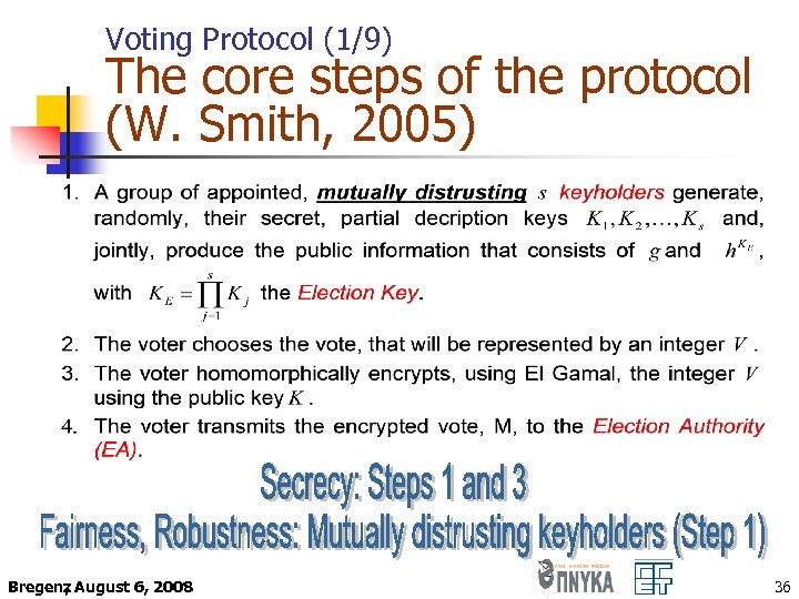 Voting Protocol (1/9) The core steps of the protocol (W. Smith, 2005) Bregenz August