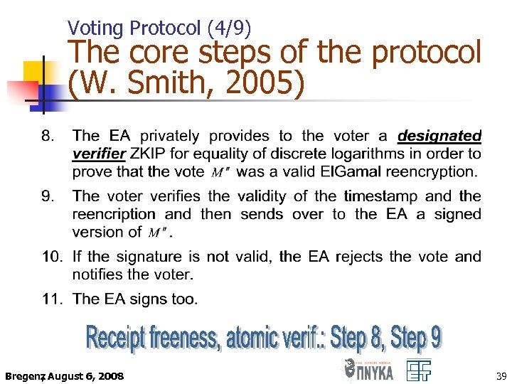 Voting Protocol (4/9) The core steps of the protocol (W. Smith, 2005) Bregenz August