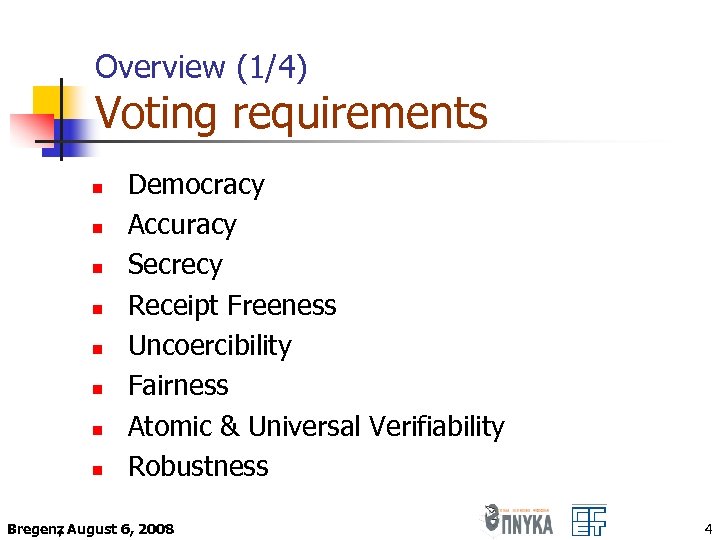 Overview (1/4) Voting requirements n n n n Democracy Accuracy Secrecy Receipt Freeness Uncoercibility