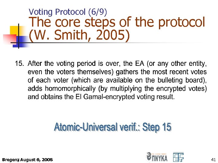 Voting Protocol (6/9) The core steps of the protocol (W. Smith, 2005) Bregenz August