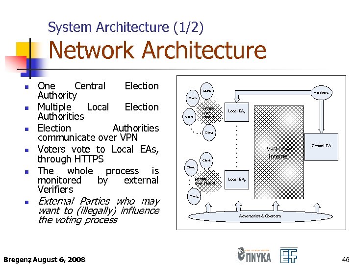 System Architecture (1/2) Network Architecture n n n One Central Election Authority Multiple Local