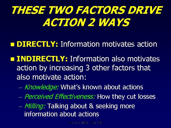 THESE TWO FACTORS DRIVE ACTION 2 WAYS n DIRECTLY: Information motivates action n INDIRECTLY: