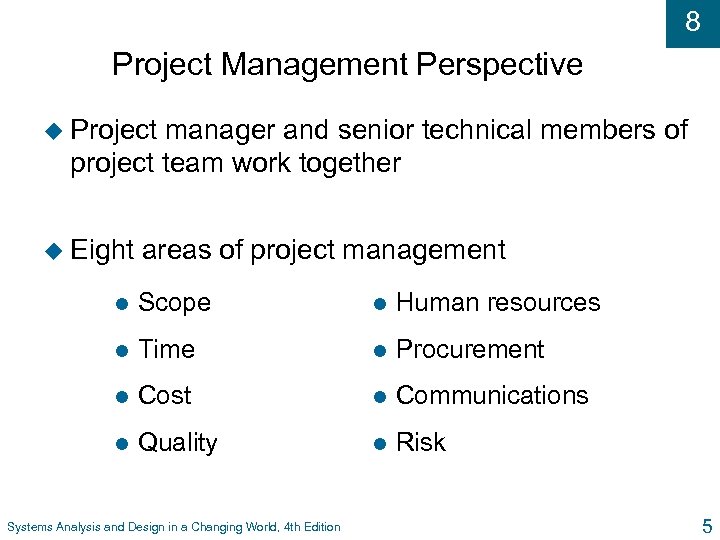 8 Project Management Perspective u Project manager and senior technical members of project team