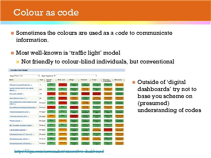 Colour as code n Sometimes the colours are used as a code to communicate