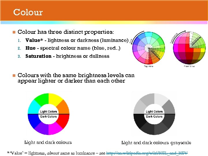 Colour n Colour has three distinct properties: 1. 2. Hue - spectral colour name