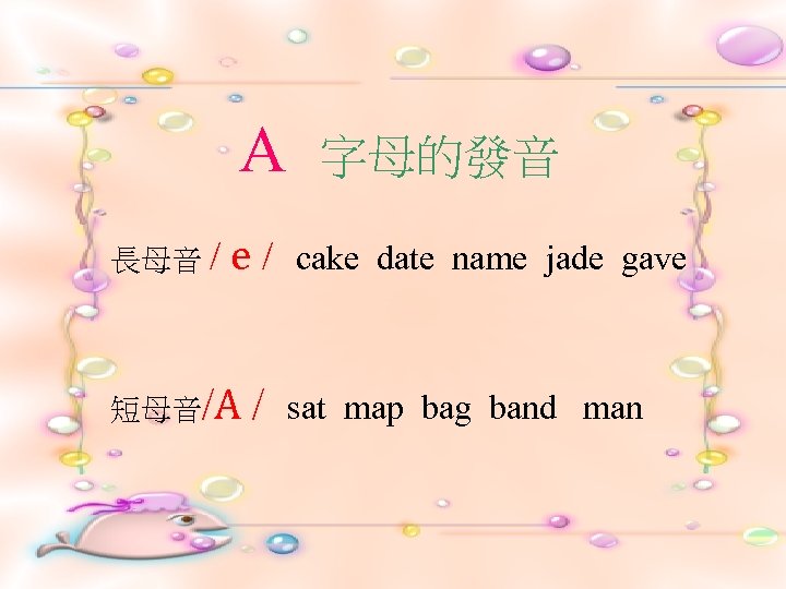 A 長母音 / e/ 短母音/A / 字母的發音 cake date name jade gave sat map