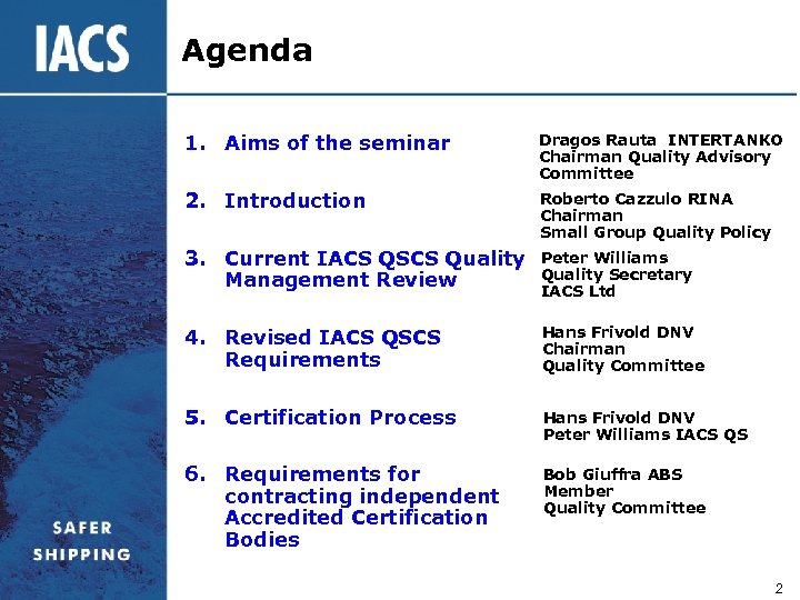 Agenda 1. Aims of the seminar Dragos Rauta INTERTANKO Chairman Quality Advisory Committee 2.
