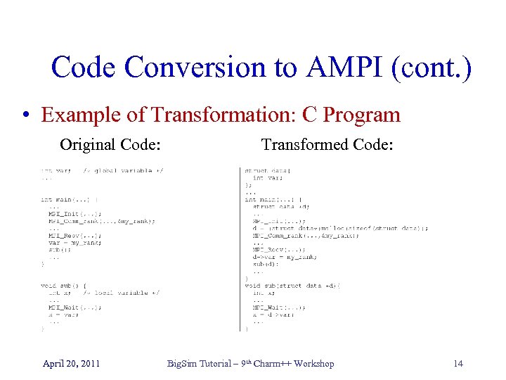 Code Conversion to AMPI (cont. ) • Example of Transformation: C Program Original Code: