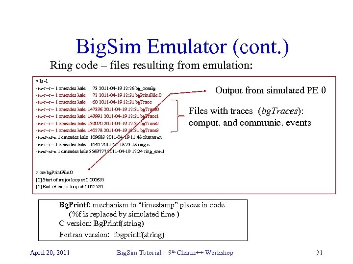 Big. Sim Emulator (cont. ) Ring code – files resulting from emulation: > ls