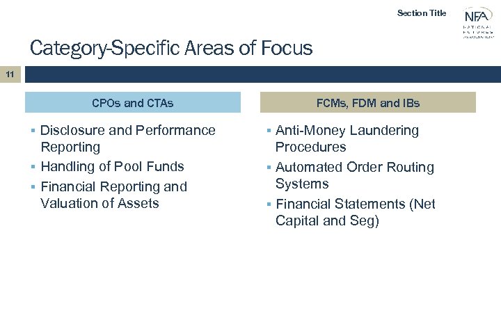 Section Title Category-Specific Areas of Focus 11 CPOs and CTAs FCMs, FDM and IBs