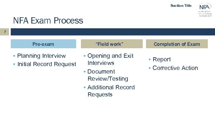 Section Title NFA Exam Process 7 Pre-exam “Field work” § Planning Interview § Opening