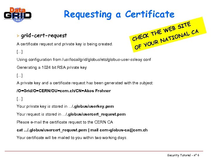 Requesting a Certificate Ø grid-cert-request A certificate request and private key is being created.