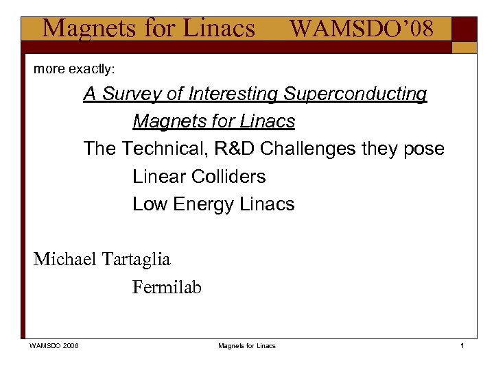 Magnets for Linacs WAMSDO’ 08 more exactly: A Survey of Interesting Superconducting Magnets for