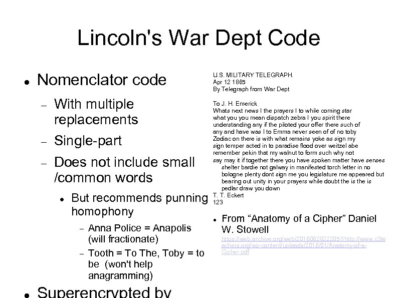 Lincoln's War Dept Code Nomenclator code With multiple replacements Single-part Does not include small