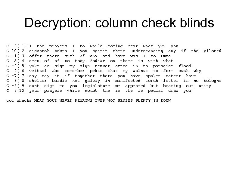 Decryption: column check blinds C C C C C 6( 1): I the prayers