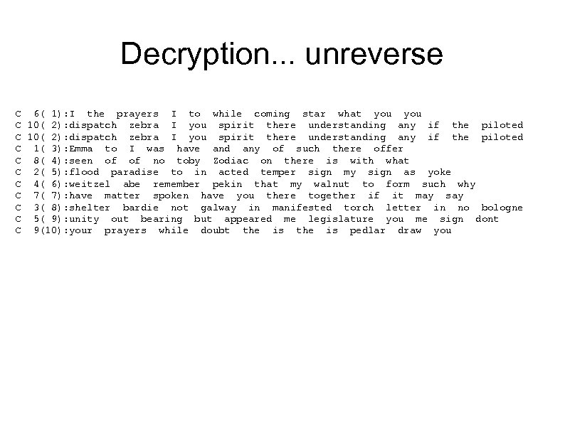 Decryption. . . unreverse C 6( 1): I the prayers I to while coming