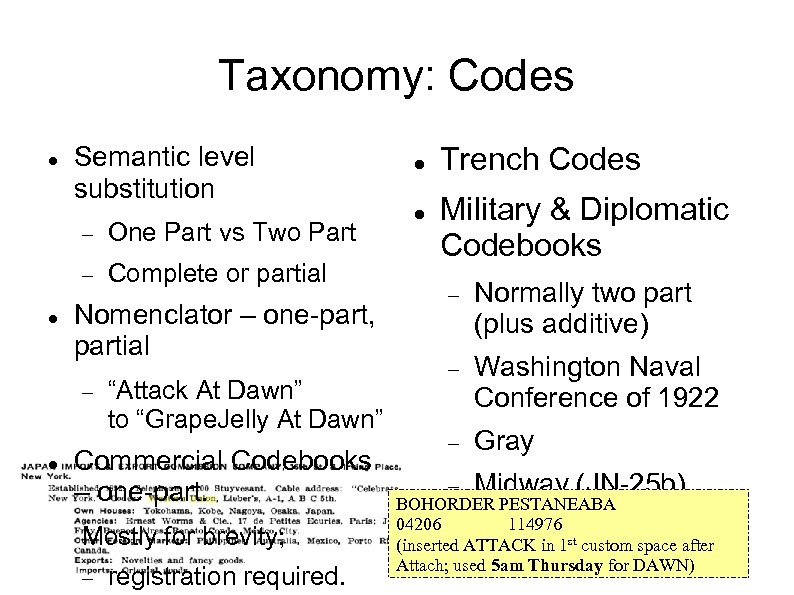 Taxonomy: Codes Semantic level substitution One Part vs Two Part Complete or partial Nomenclator