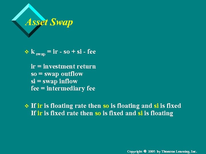 Asset Swap v k swap = ir - so + si - fee ir