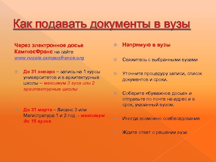 Как подавать документы в вузы Через электронное досье Кампюс. Франс на сайте www. russie.