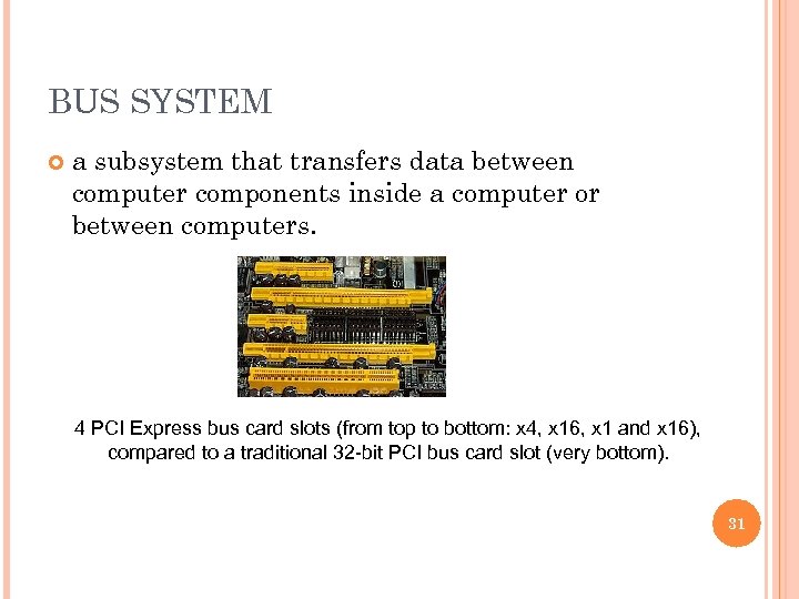 BUS SYSTEM a subsystem that transfers data between computer components inside a computer or