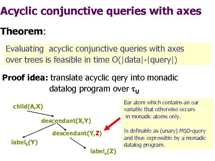 Acyclic conjunctive queries with axes Theorem: Evaluating acyclic conjunctive queries with axes over trees