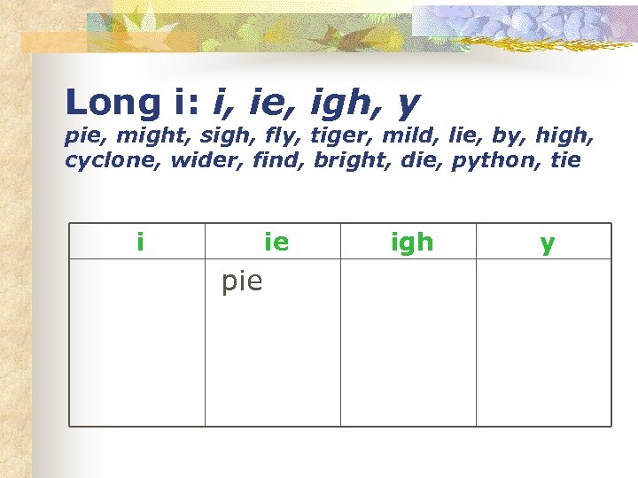 Long i: i, ie, igh, y pie, might, sigh, fly, tiger, mild, lie, by,