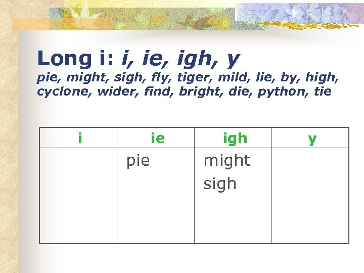 Long i: i, ie, igh, y pie, might, sigh, fly, tiger, mild, lie, by,