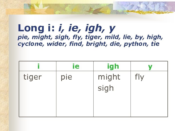 Long i: i, ie, igh, y pie, might, sigh, fly, tiger, mild, lie, by,