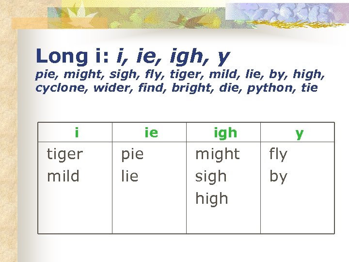 Long i: i, ie, igh, y pie, might, sigh, fly, tiger, mild, lie, by,