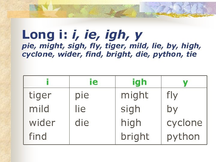 Long i: i, ie, igh, y pie, might, sigh, fly, tiger, mild, lie, by,