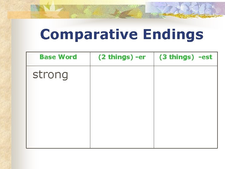 Comparative Endings Base Word strong (2 things) -er (3 things) -est 