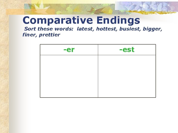 Comparative Endings Sort these words: latest, hottest, busiest, bigger, finer, prettier -est 