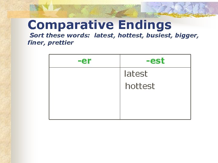 Comparative Endings Sort these words: latest, hottest, busiest, bigger, finer, prettier -est latest hottest