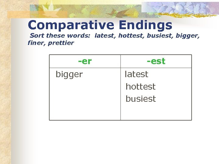 Comparative Endings Sort these words: latest, hottest, busiest, bigger, finer, prettier -er bigger -est