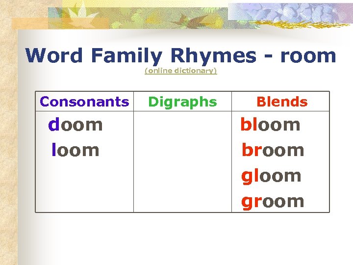 Word Family Rhymes - room (online dictionary) Consonants doom loom Digraphs Blends bloom broom