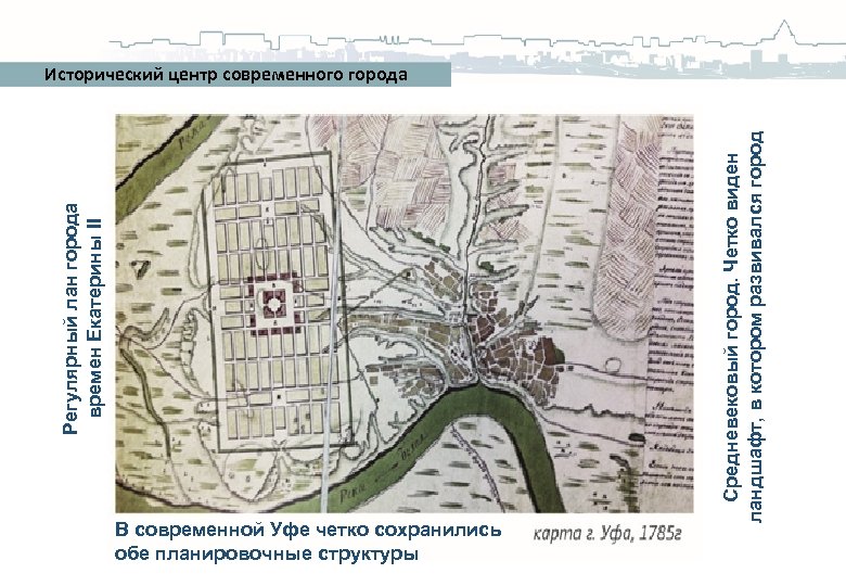 В современной Уфе четко сохранились обе планировочные структуры Средневековый город. Четко виден ландшафт, в
