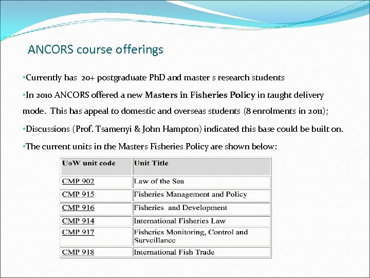 ANCORS course offerings • Currently has 20+ postgraduate Ph. D and master s research